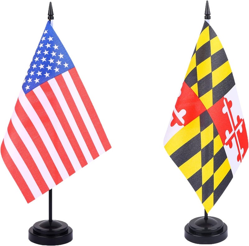WXTWK 2 Pack USA Maryland Flag Maryland State Desk Flag Set - Mini Small Maryland Table Office Flags with Black 12" Solid Pole Stand Base Classroom Meeting Desktop Decorations - Image 1